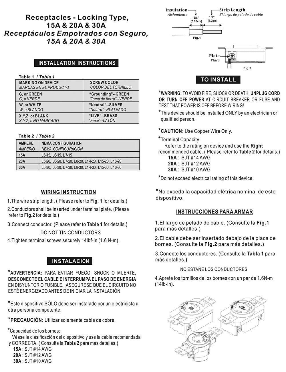 Female Locking Receptacle NEMA L14-30R, 30A, 125/250V