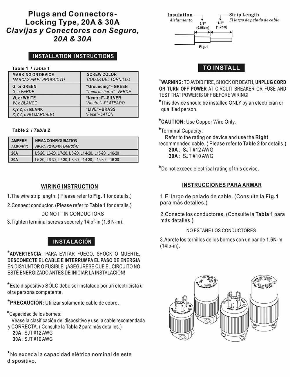 Male + Female Twist-Lock Cord Plug NEMA L6-20R + L6-20, 20A, 250V