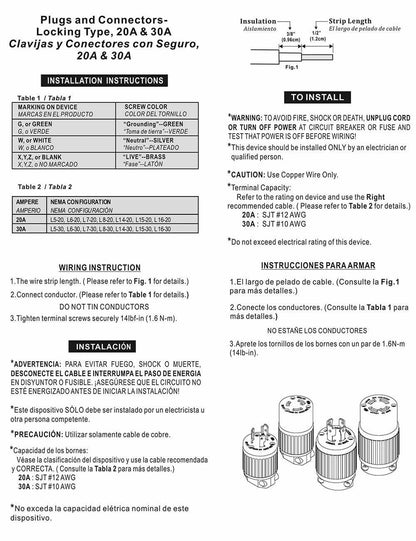 Male + Female Twist-Lock Cord Plug NEMA L6-20R + L6-20, 20A, 250V