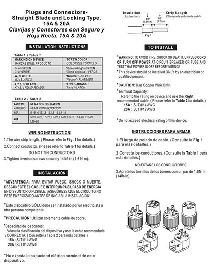 Straight Plug NEMA 6-15P, 3 Wire, 15 Amps, 220V 230V 250V