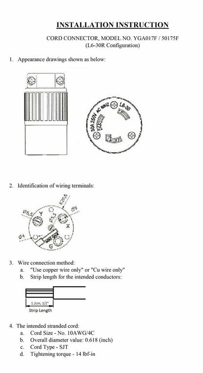 Female Twist-Lock Cord Plug NEMA L6-30R, 30A, 250V